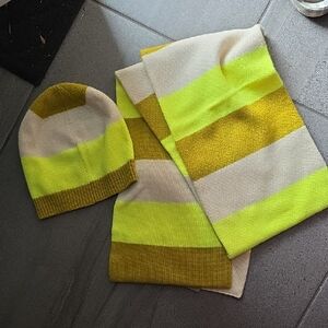 J.Crew Collection Cashmere Neon Yellow Cream Knit Scarf Hat Set Holiday 2016